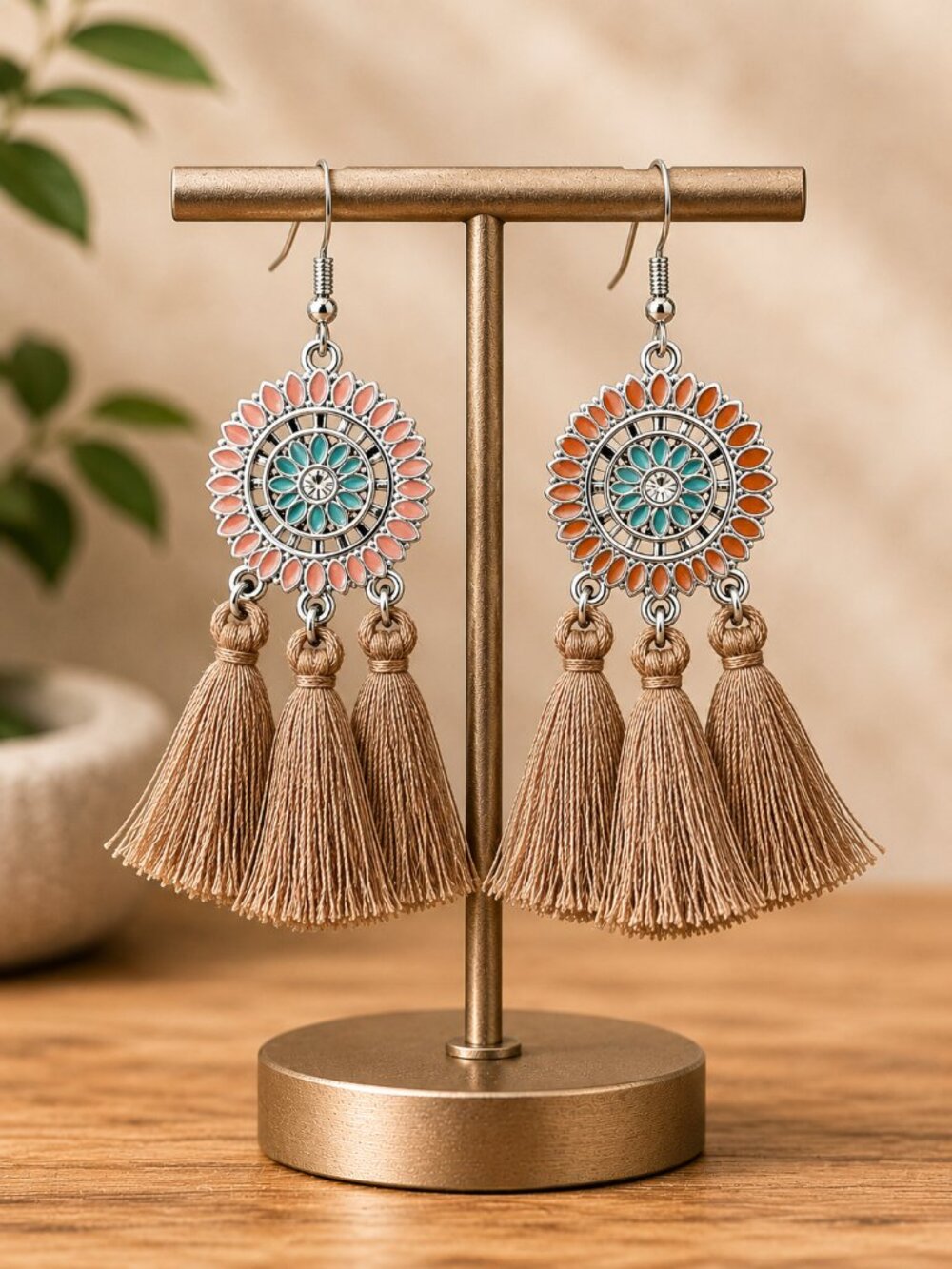 Bohemian Flower Tassel Fringe Drop Earrings Tan - Picture 5 of 6